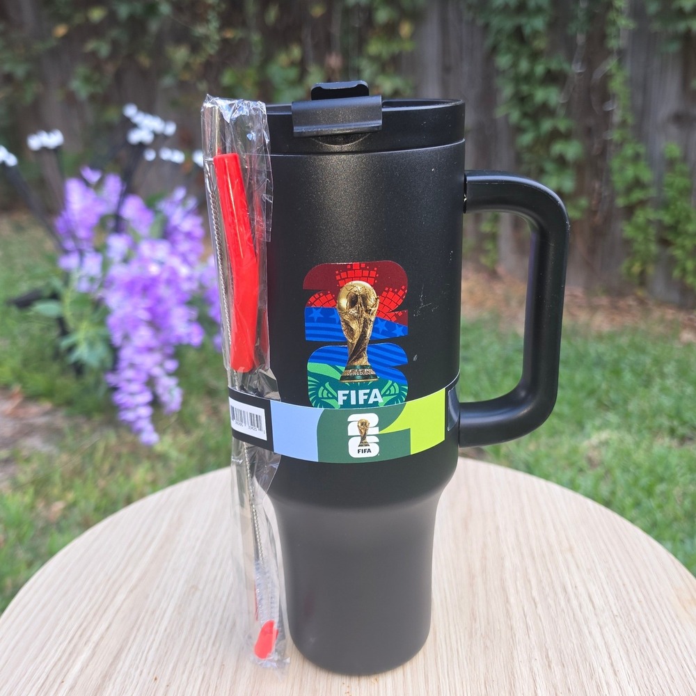 FIFA World Cup 26 Black Stainless Steel 40oz Tumbler with Handle and Straw NEW